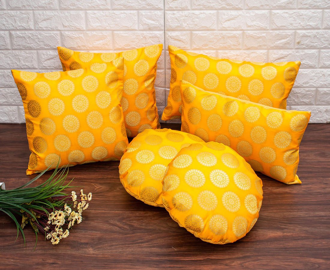 Mandala Brocade Silk Round Cushion Covers (Yellow & Golden) - Image 5