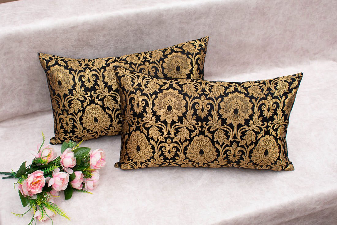 MUGHAL BANARASI Brocade Long Rectangular Cushion Covers (Black & Golden) - Image 5