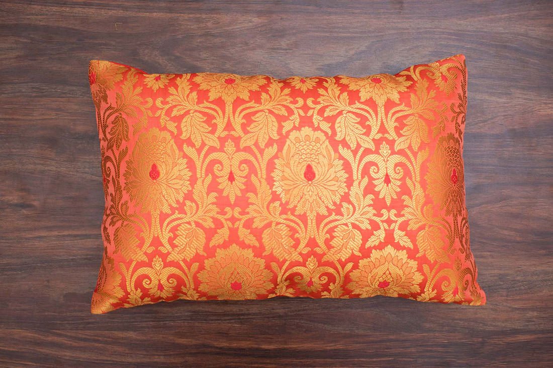 MUGHAL BANARASI Brocade Long Rectangular Cushion Covers (Living Coral & Golden) - Image 6