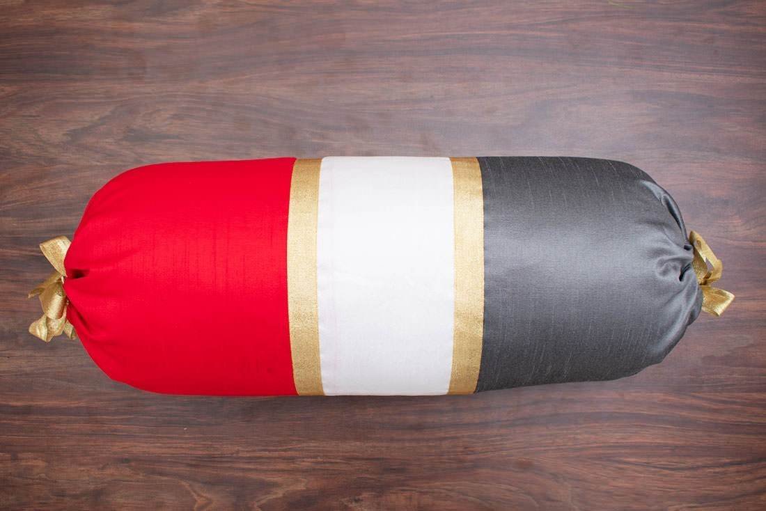 TRI Color Golden Zari Decorative Bolster Covers (Red, White, Grey ) - Image 6