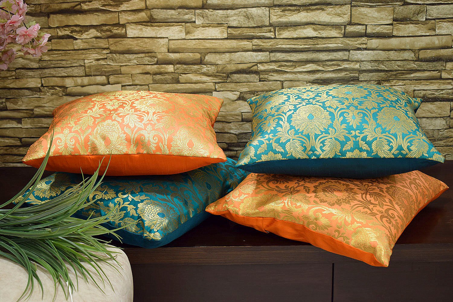 MUGHAL BANARASI Brocade Cushion Covers Combo (Green & Orange) - Image 6