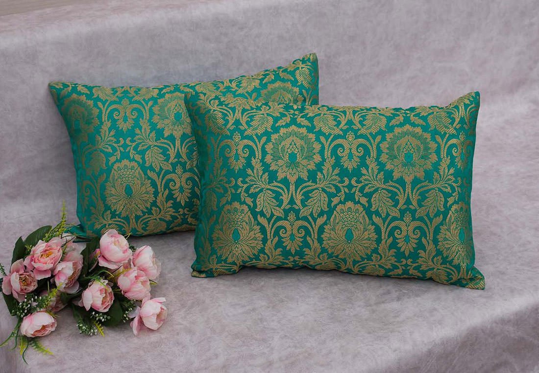 MUGHAL BANARASI Brocade Long Rectangular Cushion Covers (Green & Golden) - Image 6
