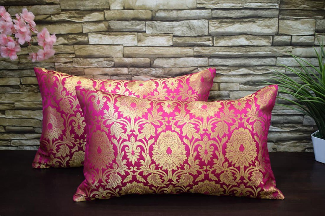 MUGHAL BANARASI Brocade Long Rectangular Cushion Covers (Bougainvillea Pink & Golden) - Image 6