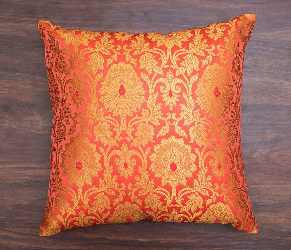 MUGHAL BANARASI Brocade Cushion Covers (Living Coral & Golden) - Image 4