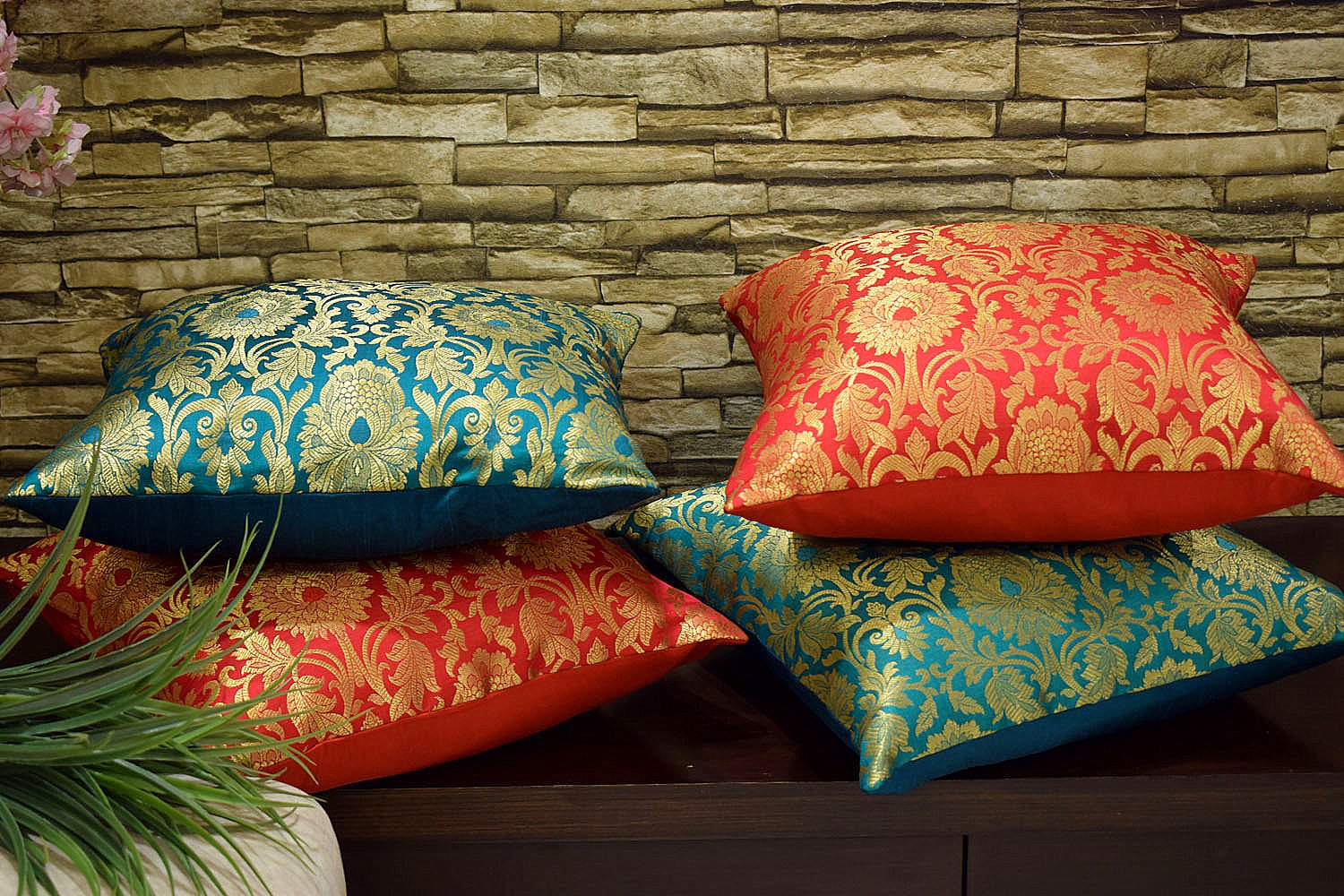 MUGHAL BANARASI Brocade Cushion Covers Combo (Green & Red) - Image 6