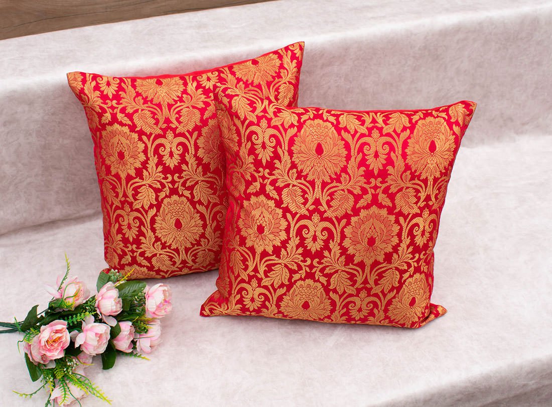 MUGHAL BANARASI Brocade Cushion Covers (Red & Golden) - Image 5
