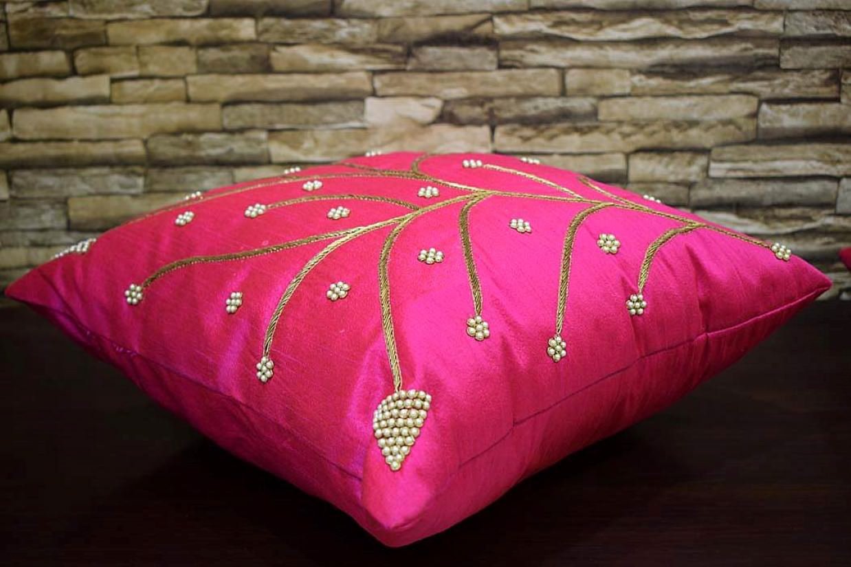 Ferns & Petals All Over Hand Embroidered Magenta Cushion Covers - Image 5
