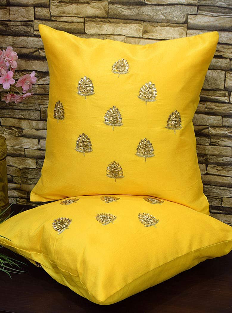 Swarn Paan Patti Beads, Kundan & Zari Hand Embroidery Yellow Cushion Covers - Image 2