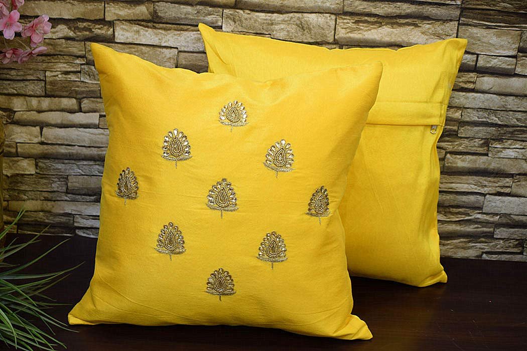 Swarn Paan Patti Beads, Kundan & Zari Hand Embroidery Yellow Cushion Covers - Image 3