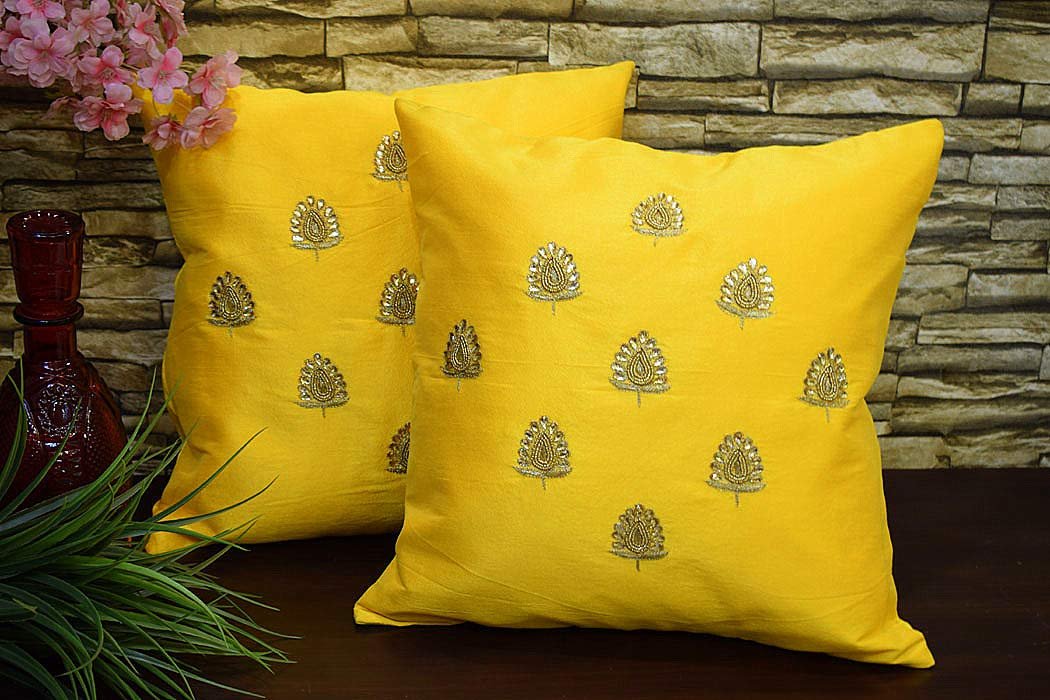 Swarn Paan Patti Beads, Kundan & Zari Hand Embroidery Yellow Cushion Covers