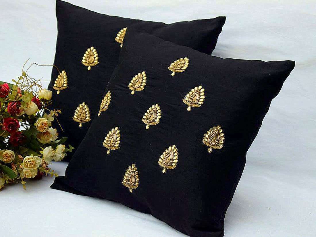Swarn Paan Patti Beads, Kundan & Zari Hand Embroidery Black Cushion Covers - Image 7