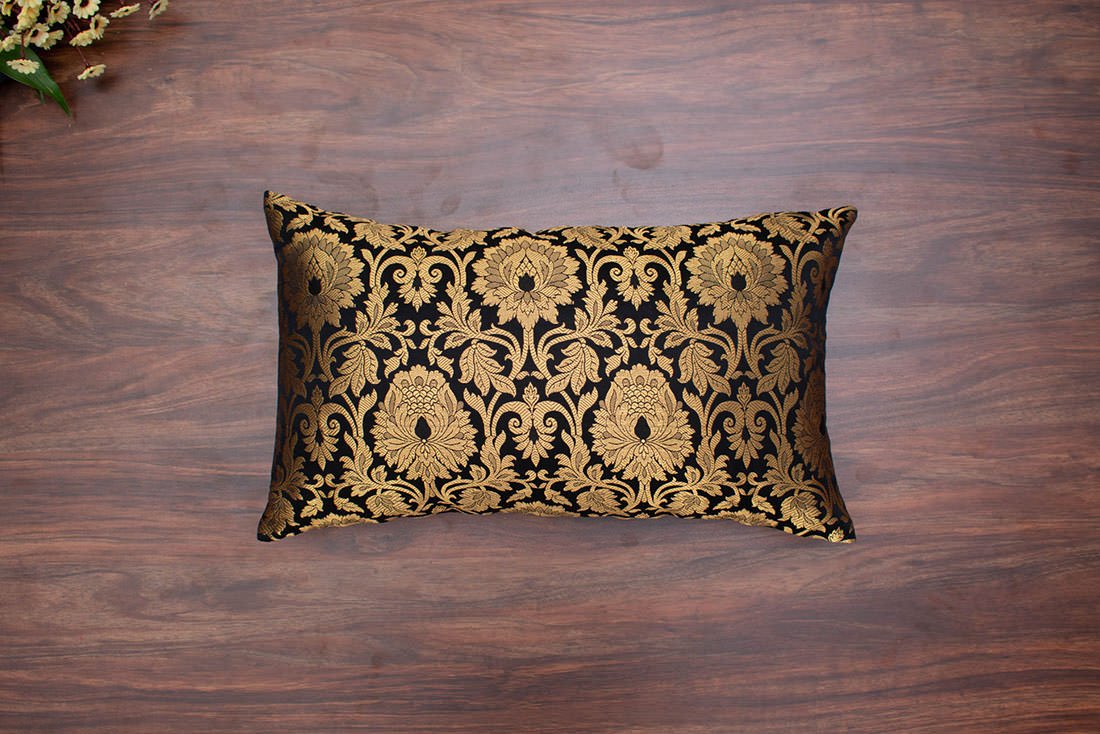 MUGHAL BANARASI Brocade Long Rectangular Cushion Covers (Black & Golden) - Image 6