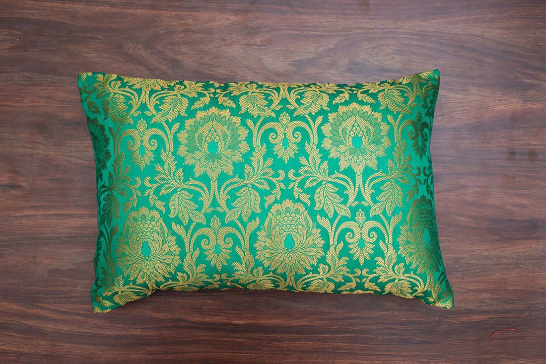 MUGHAL BANARASI Brocade Long Rectangular Cushion Covers (Green & Golden) - Image 7
