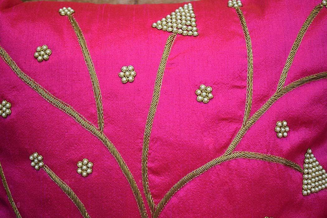 Ferns & Petals All Over Hand Embroidered Magenta Cushion Covers - Image 6