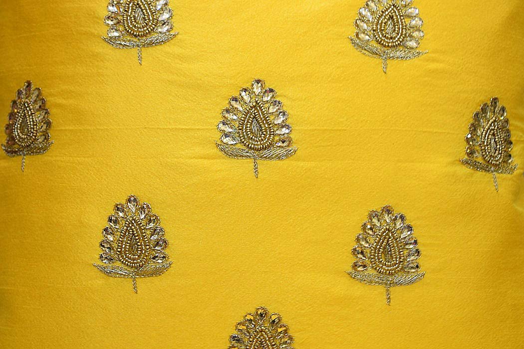 Swarn Paan Patti Beads, Kundan & Zari Hand Embroidery Yellow Cushion Covers - Image 5