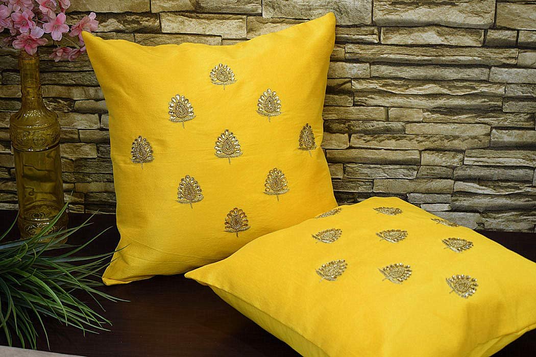 Swarn Paan Patti Beads, Kundan & Zari Hand Embroidery Yellow Cushion Covers - Image 4