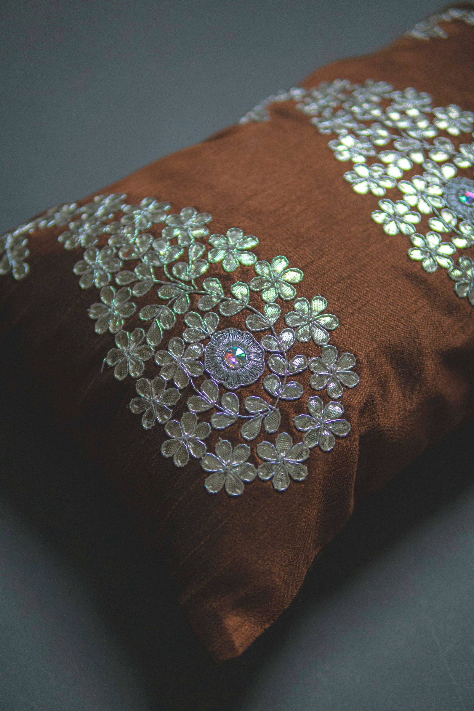 Dark Brown & Silver Paisley Leaf Rectangular Cushion Cover - Image 2