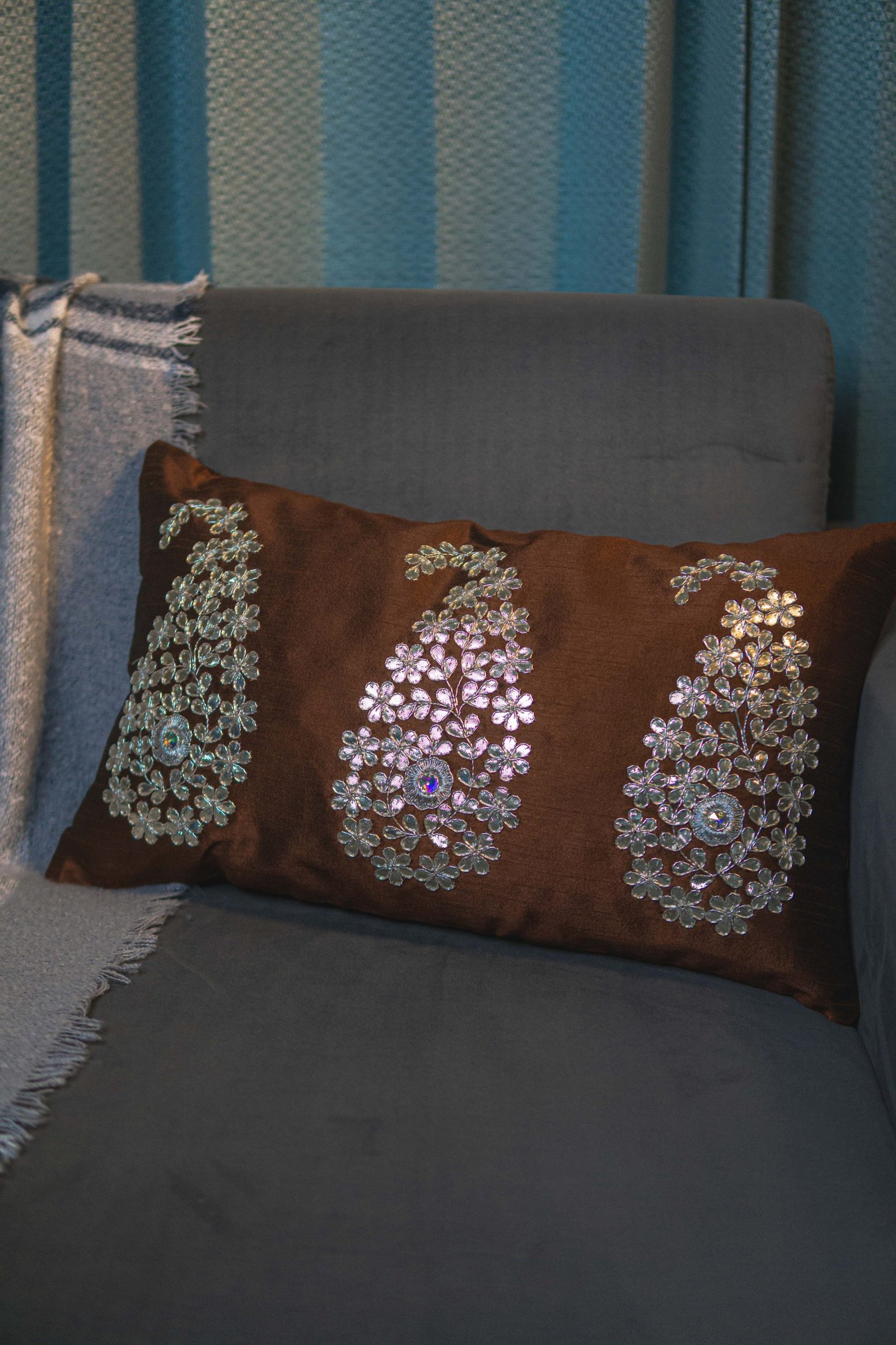 Dark Brown & Silver Paisley Leaf Rectangular Cushion Cover - Image 4