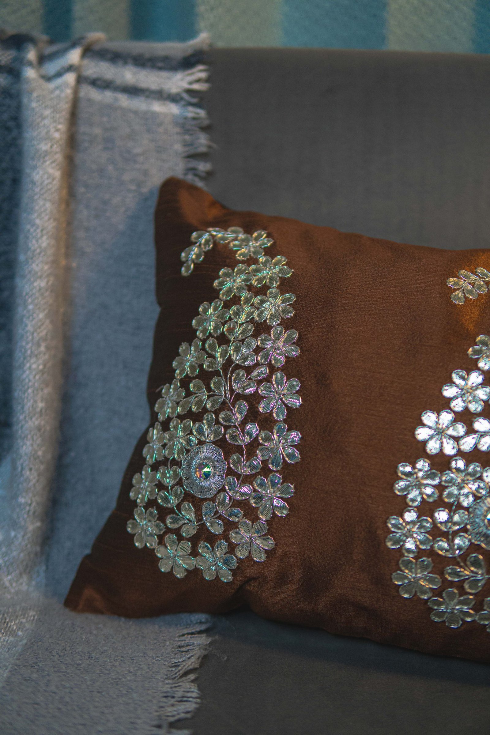 Dark Brown & Silver Paisley Leaf Rectangular Cushion Cover - Image 5