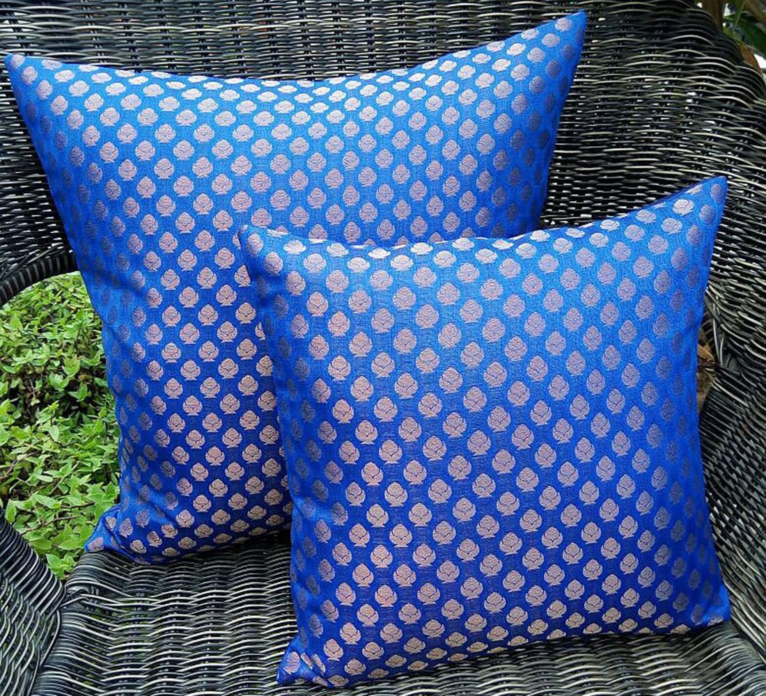 Premium Quality Deep Blue & Golden Brocade Cushion Covers