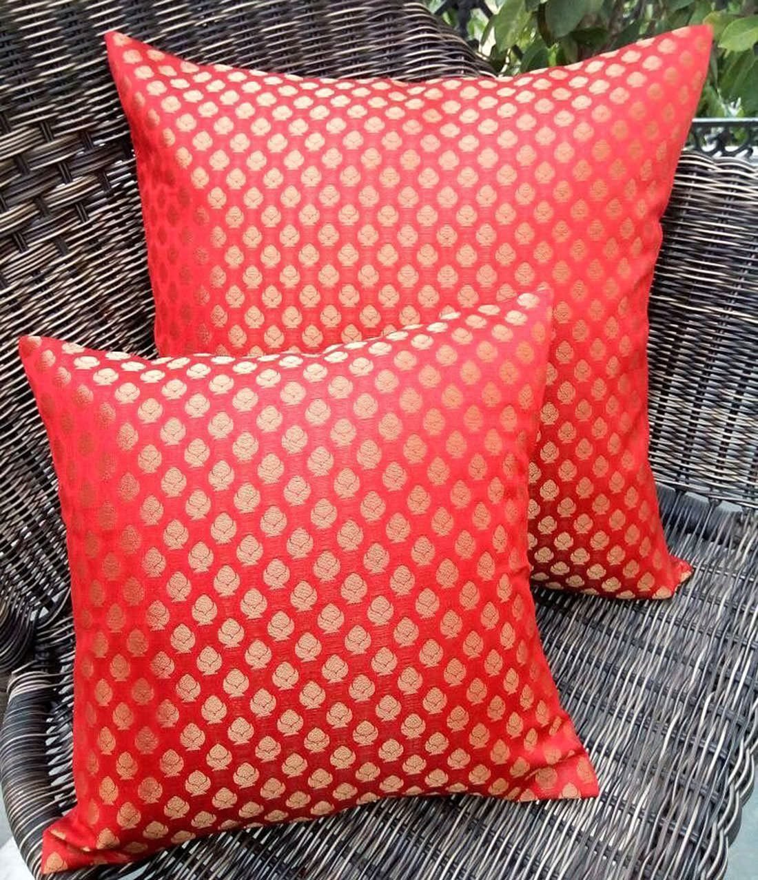 Premium Quality Rainbow Red & Golden Brocade Cushion Covers - Image 2