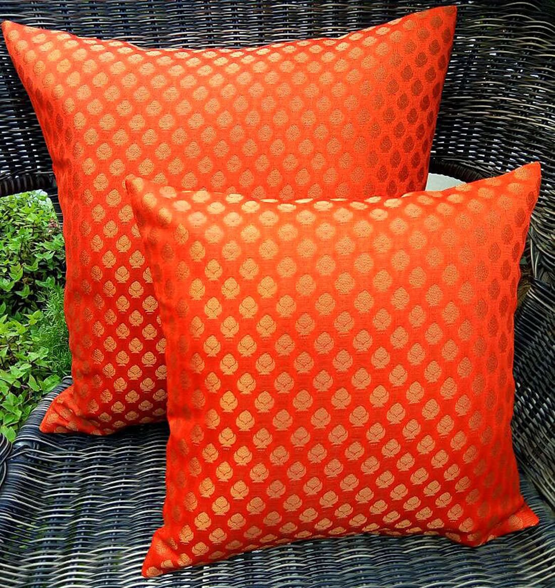 Premium Quality Tango Orange & Golden Brocade Cushion Covers - Image 2
