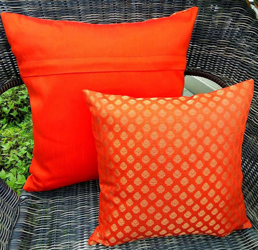 Premium Quality Tango Orange & Golden Brocade Cushion Covers - Image 3