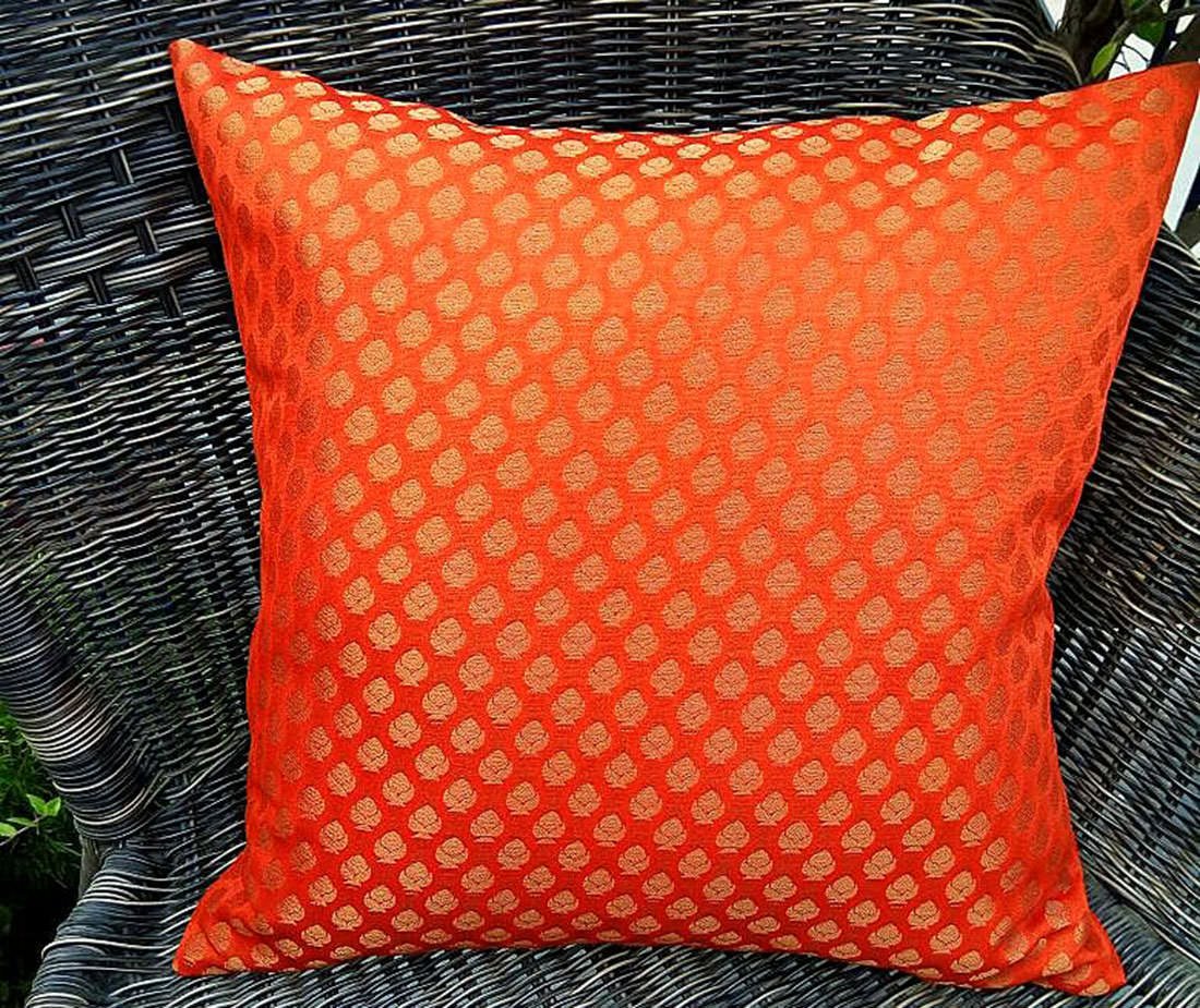 Premium Quality Tango Orange & Golden Brocade Cushion Covers - Image 4