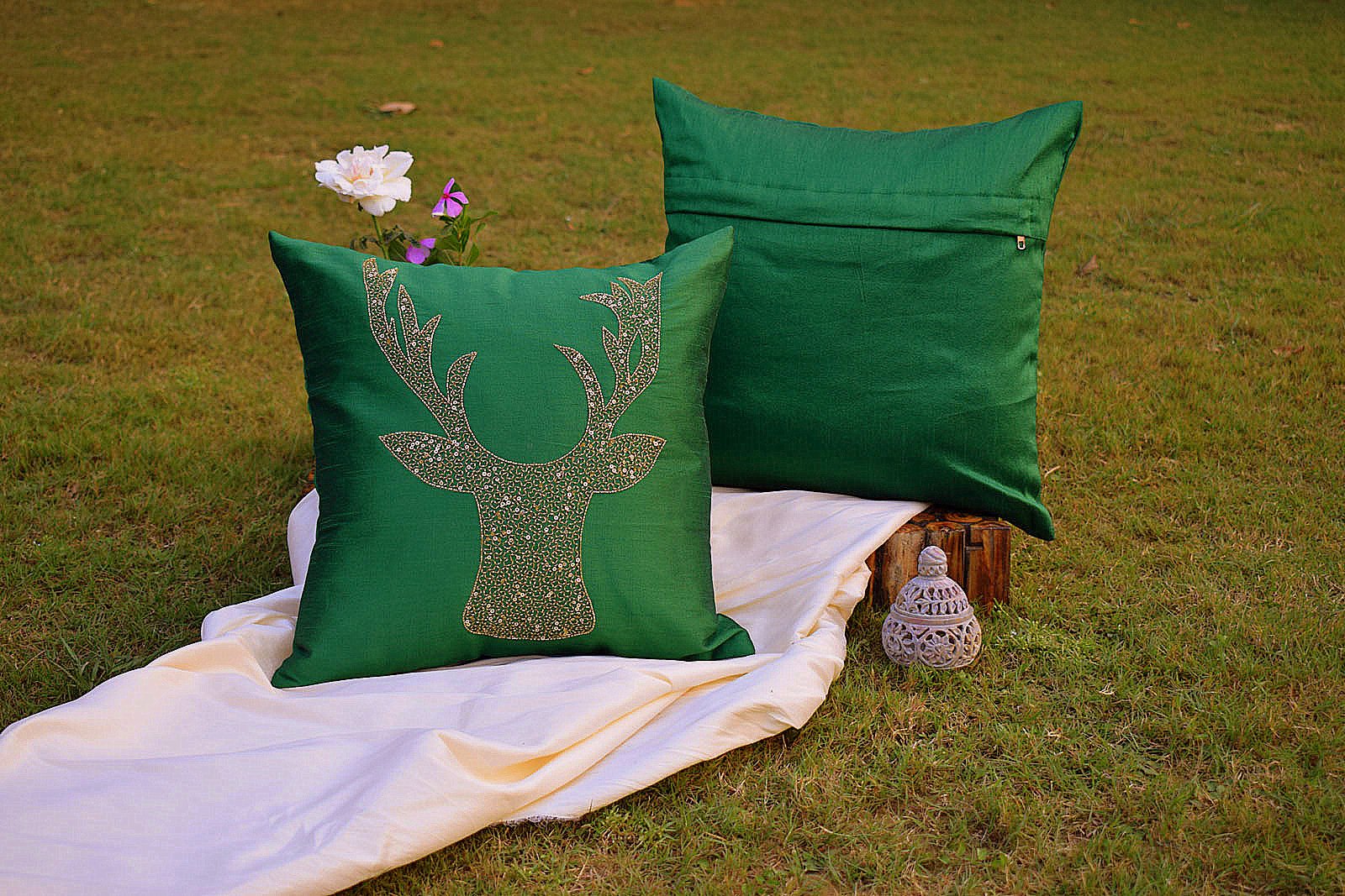 Reindeer Hand Embroidered Emerald Green Cushion Covers - Image 2