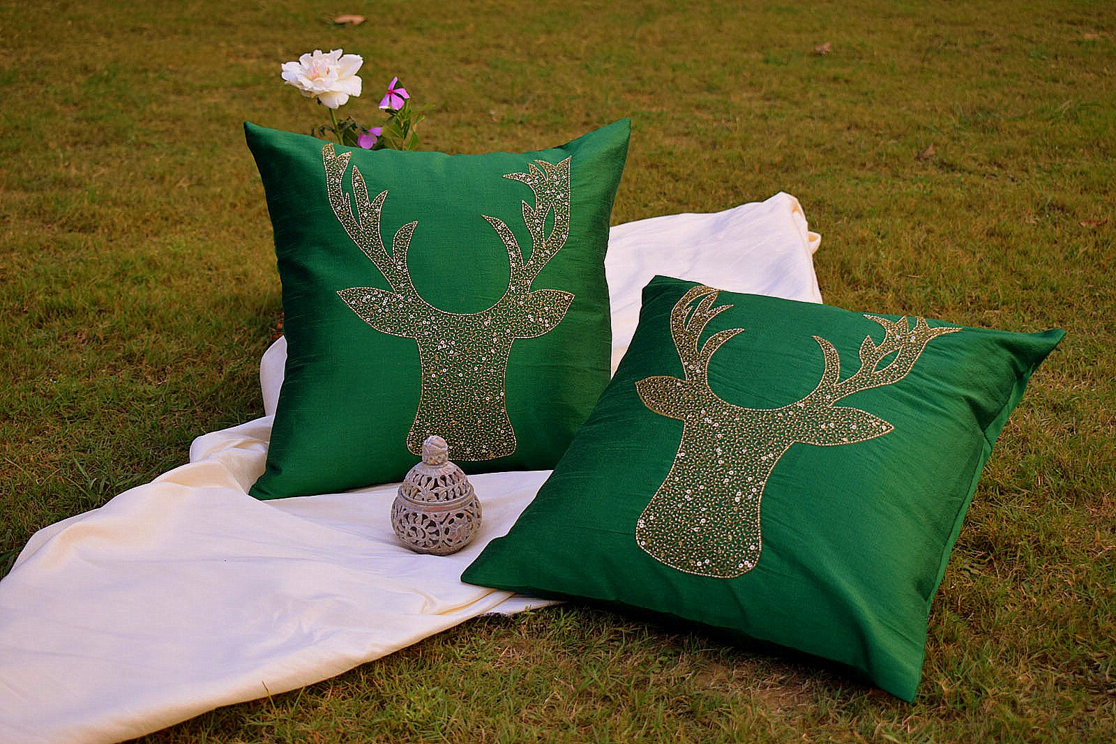 Reindeer Hand Embroidered Emerald Green Cushion Covers