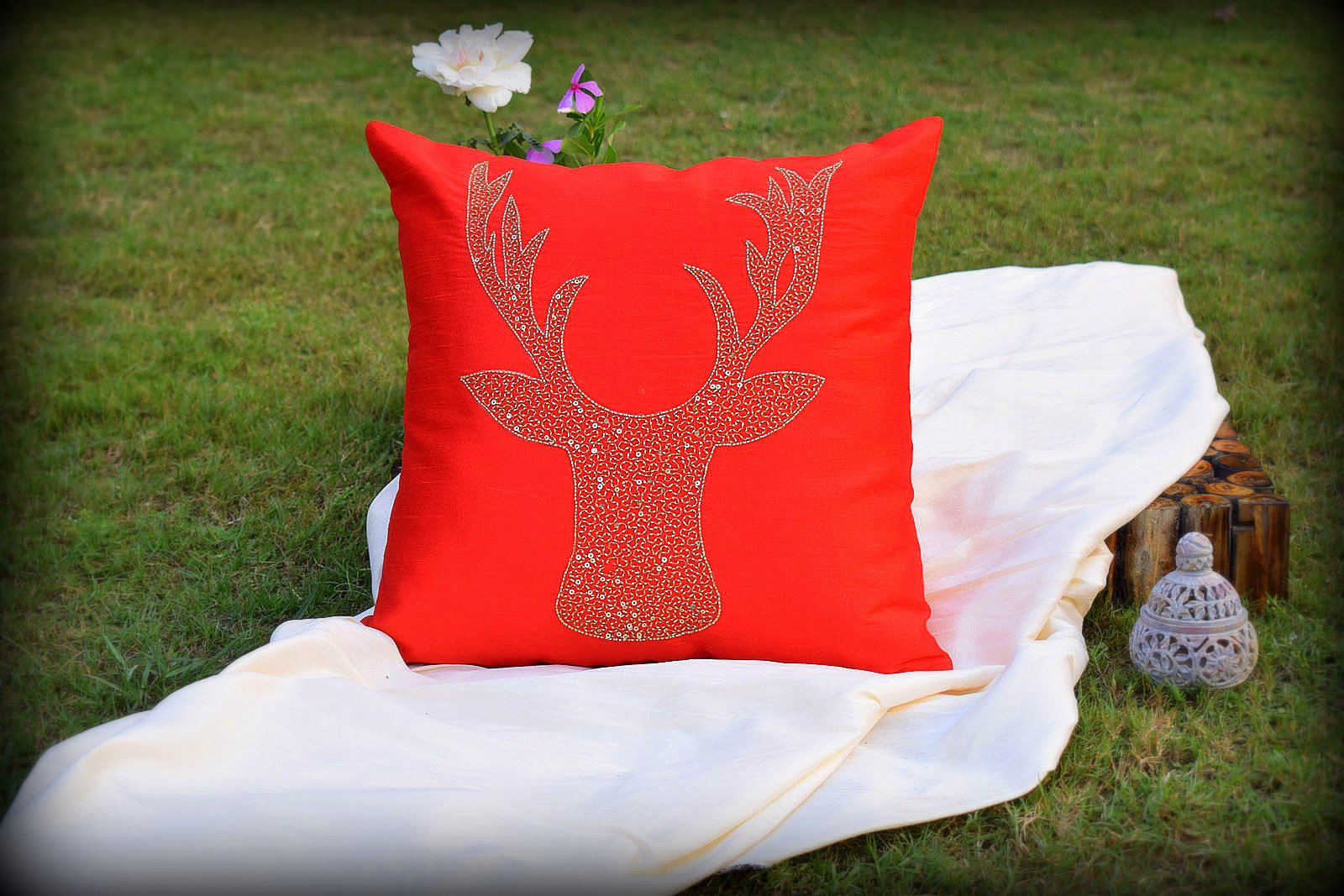 Reindeer Hand Embroidered Red Cushion Covers - Image 4