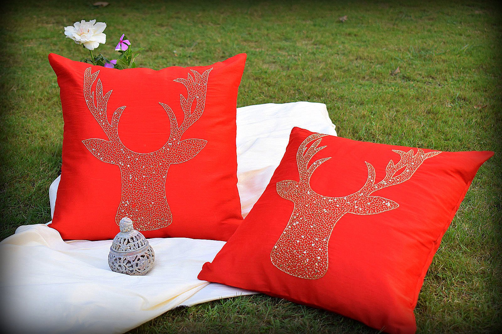 Reindeer Hand Embroidered Red Cushion Covers