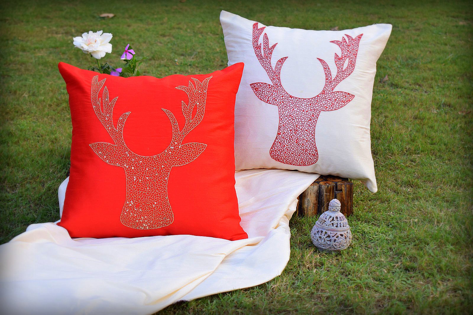 Reindeer Hand Embroidered Red-Ivory Cushion Covers