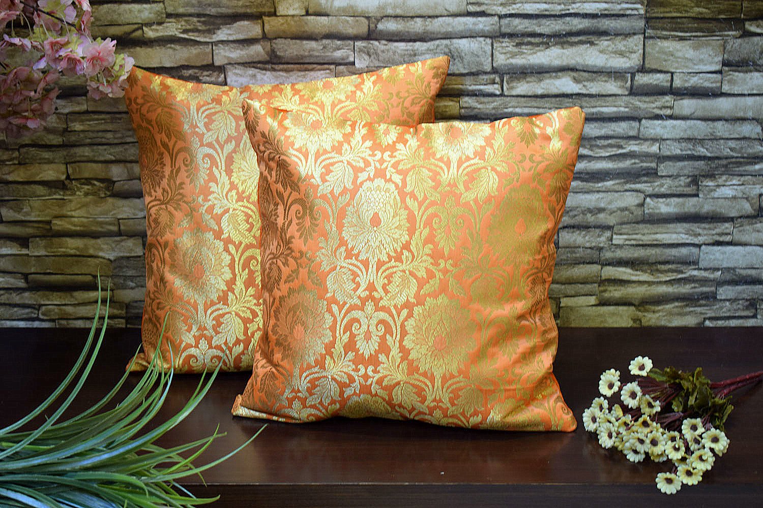 MUGHAL BANARASI Brocade Cushion Covers (Orange & Golden)
