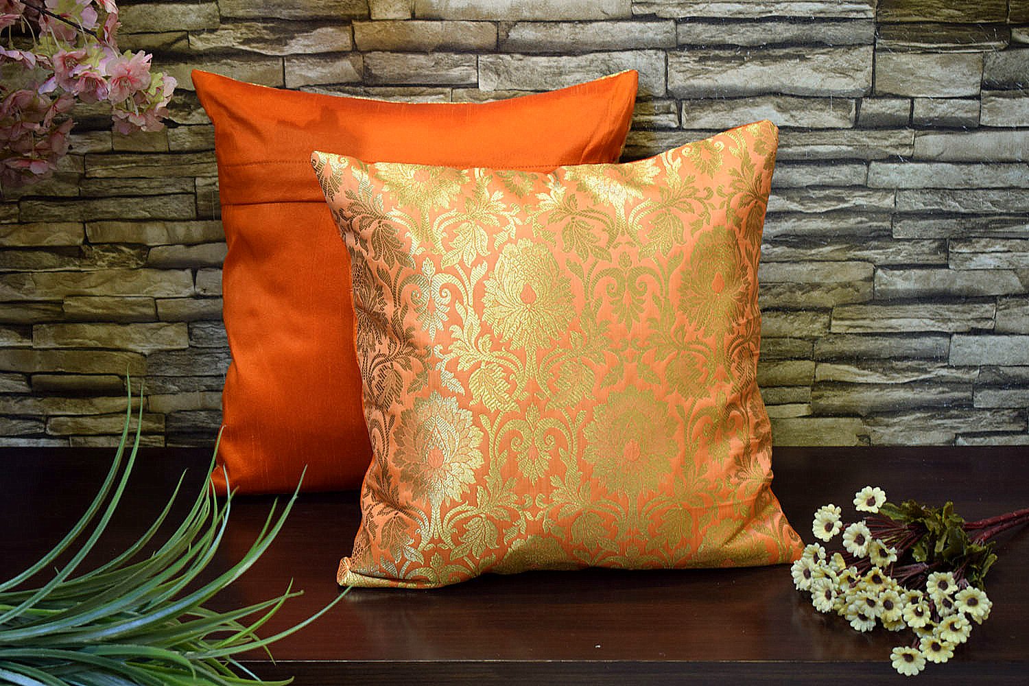 MUGHAL BANARASI Brocade Cushion Covers (Orange & Golden) - Image 3
