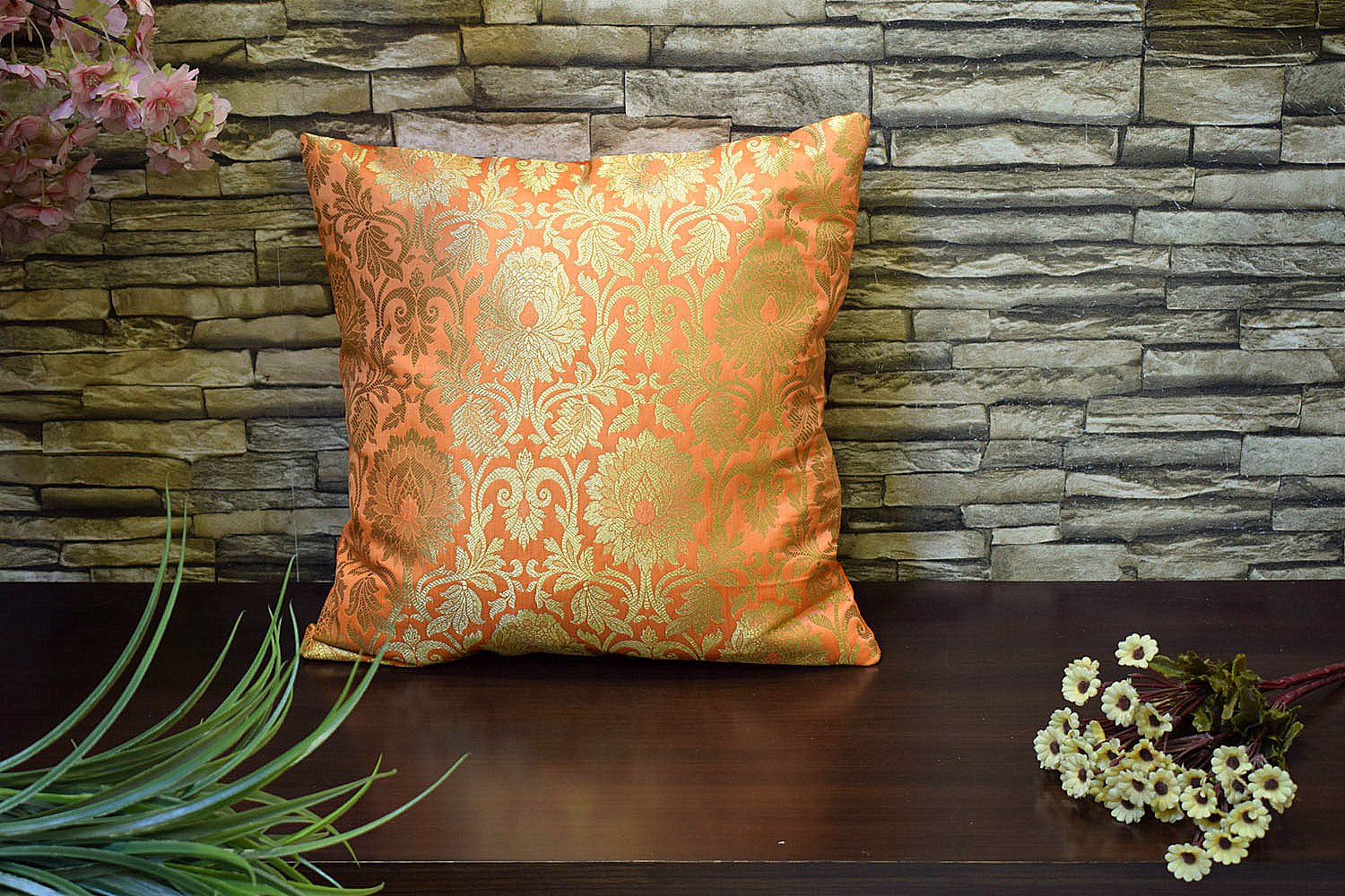 MUGHAL BANARASI Brocade Cushion Covers (Orange & Golden) - Image 4