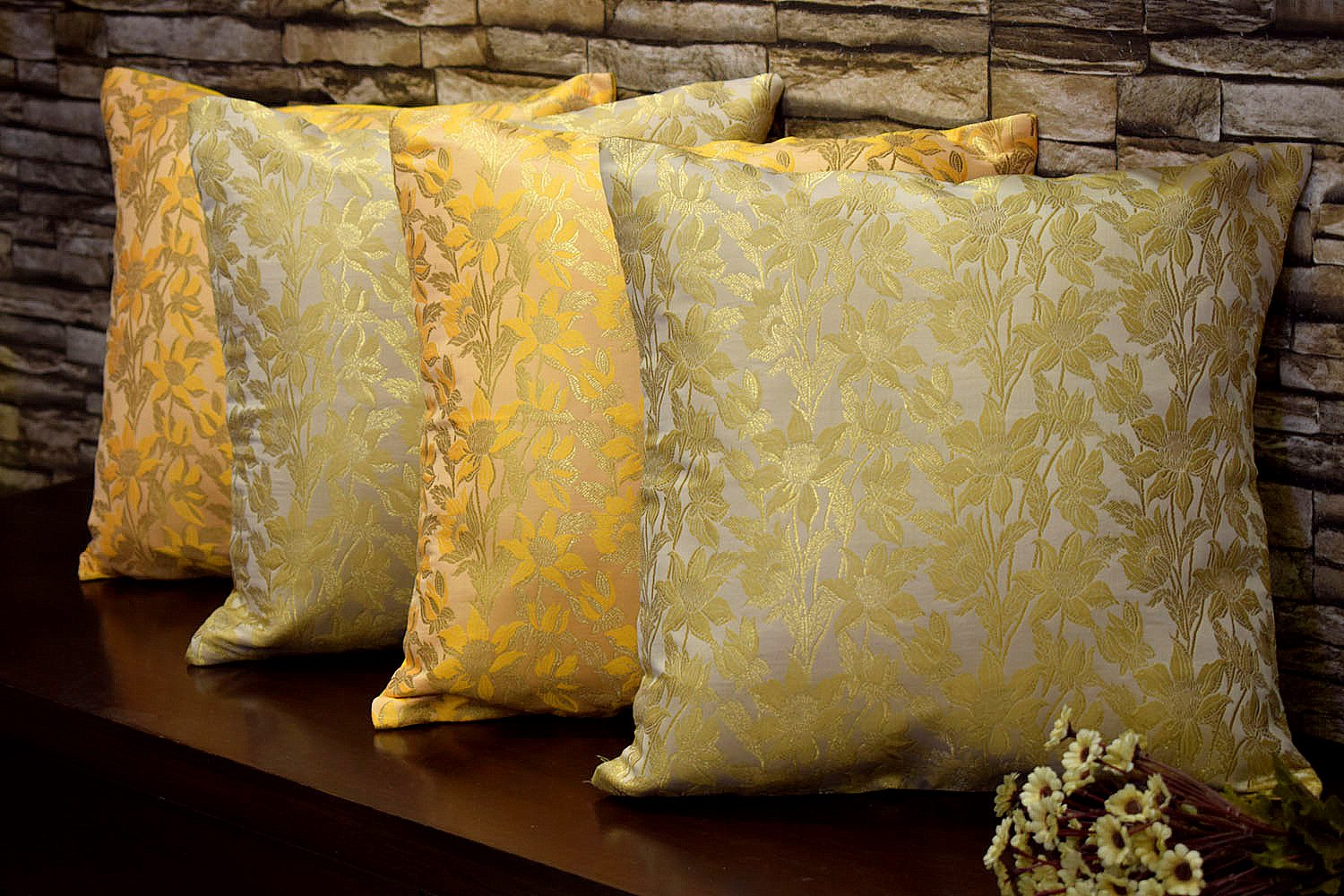 Bageecha Floral Brocade Silk Cushion Covers Combo (Beige & Yellow)