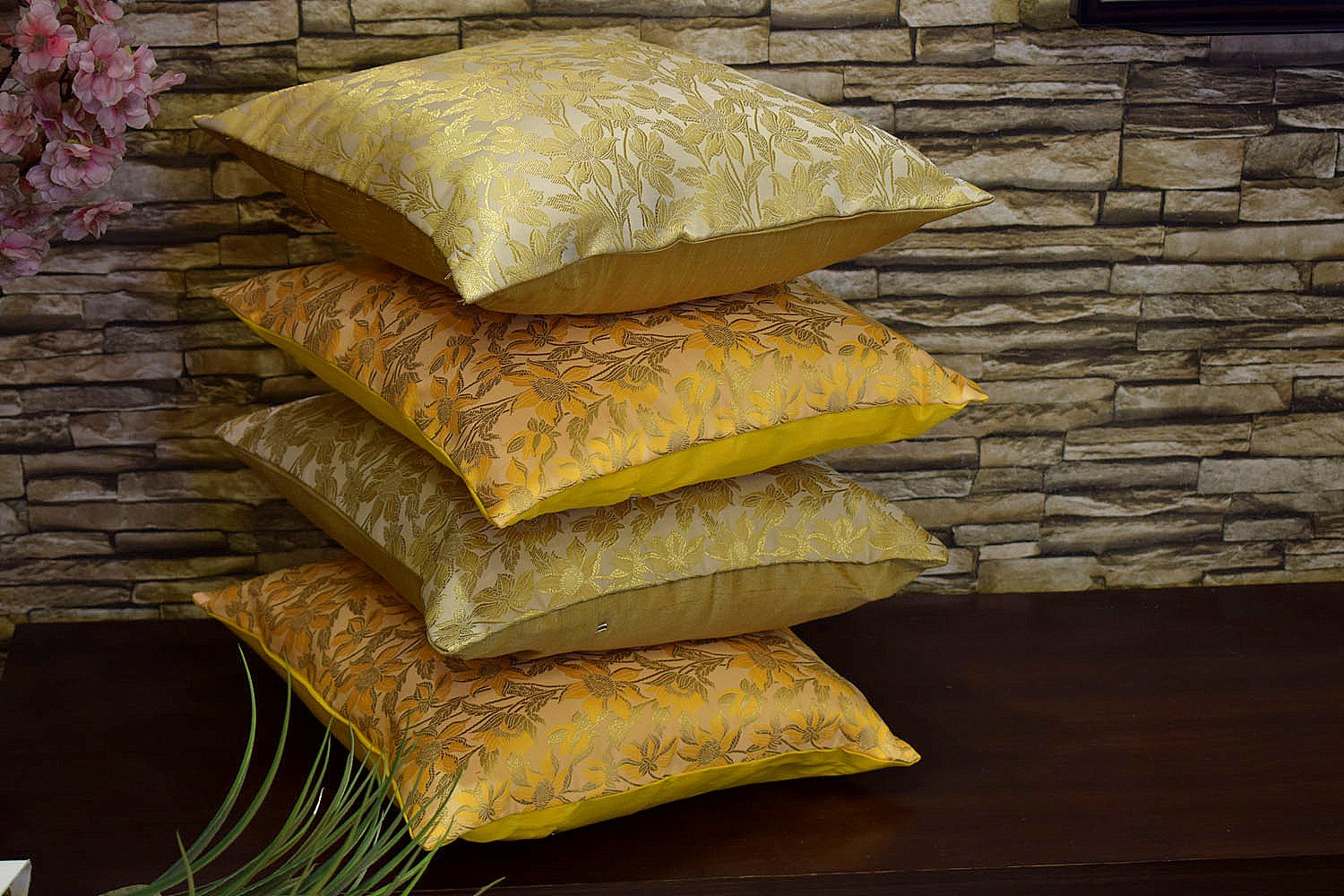 Bageecha Floral Brocade Silk Cushion Covers Combo (Beige & Yellow) - Image 2