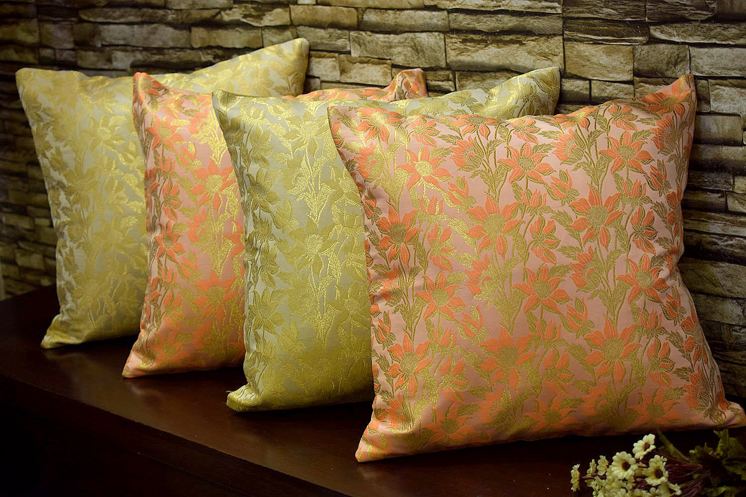 Bageecha Floral Brocade Silk Cushion Covers Combo (Beige & Peach)