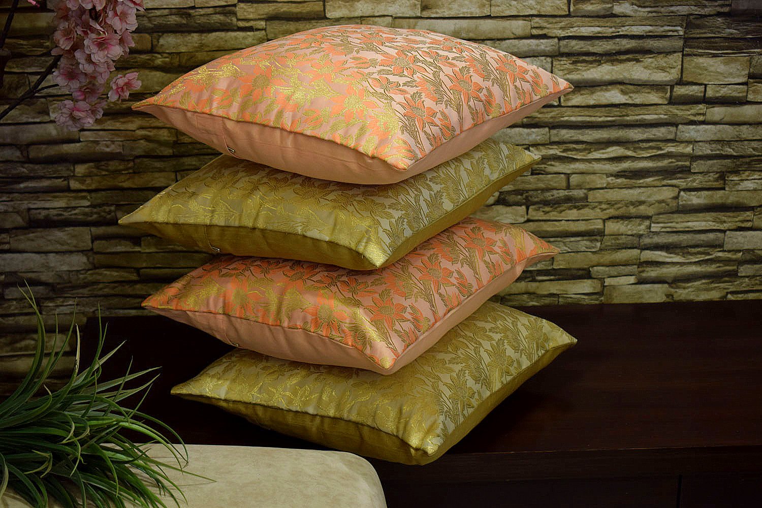 Bageecha Floral Brocade Silk Cushion Covers Combo (Beige & Peach) - Image 2
