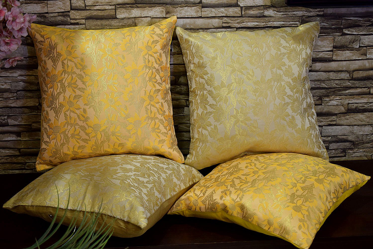 Bageecha Floral Brocade Silk Cushion Covers Combo (Beige & Yellow) - Image 3