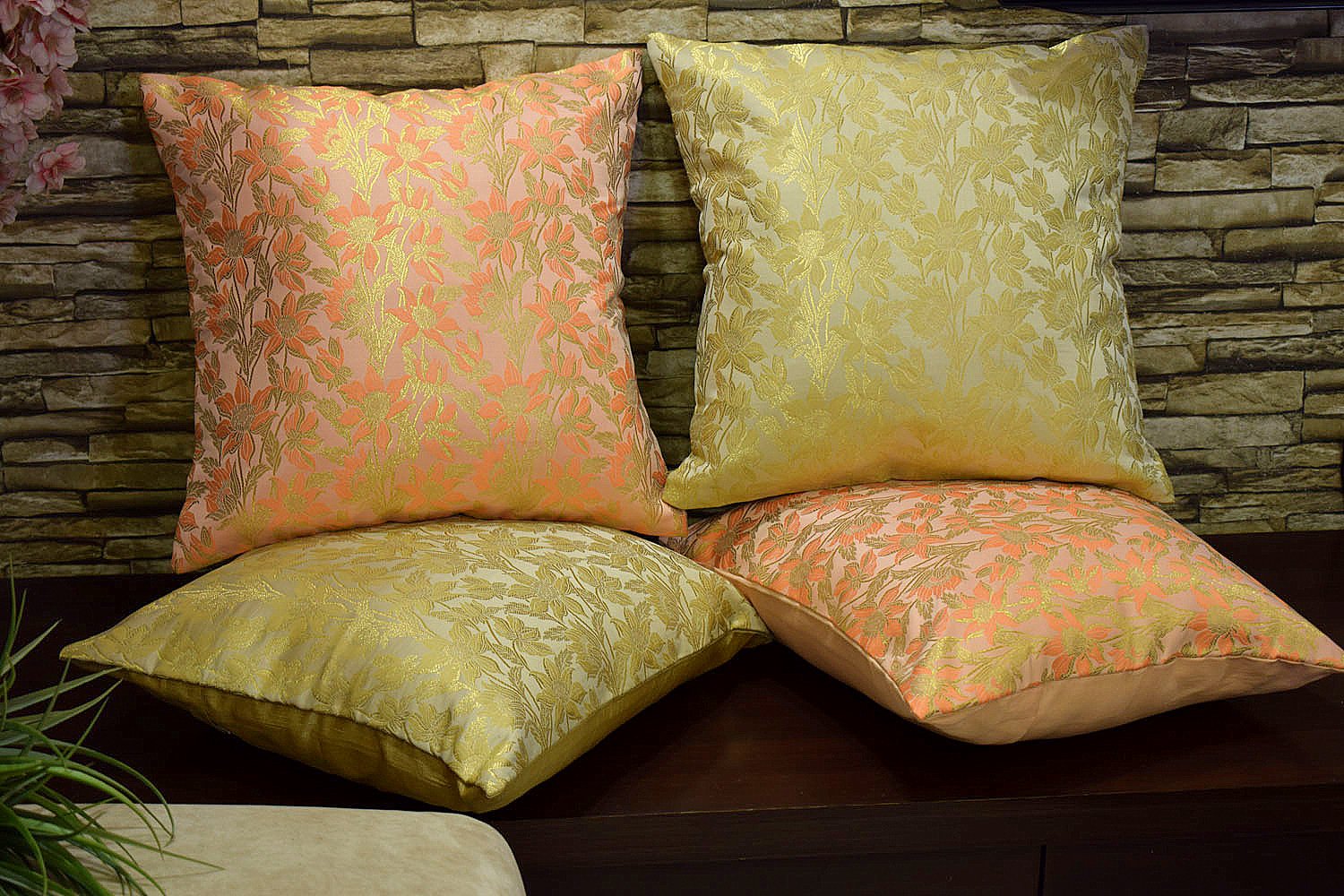 Bageecha Floral Brocade Silk Cushion Covers Combo (Beige & Peach) - Image 3