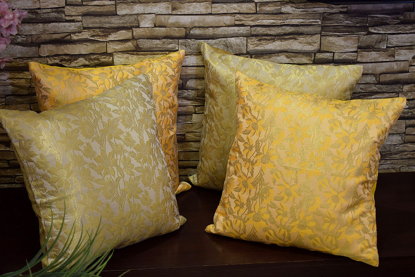 Bageecha Floral Brocade Silk Cushion Covers Combo (Beige & Yellow) - Image 4
