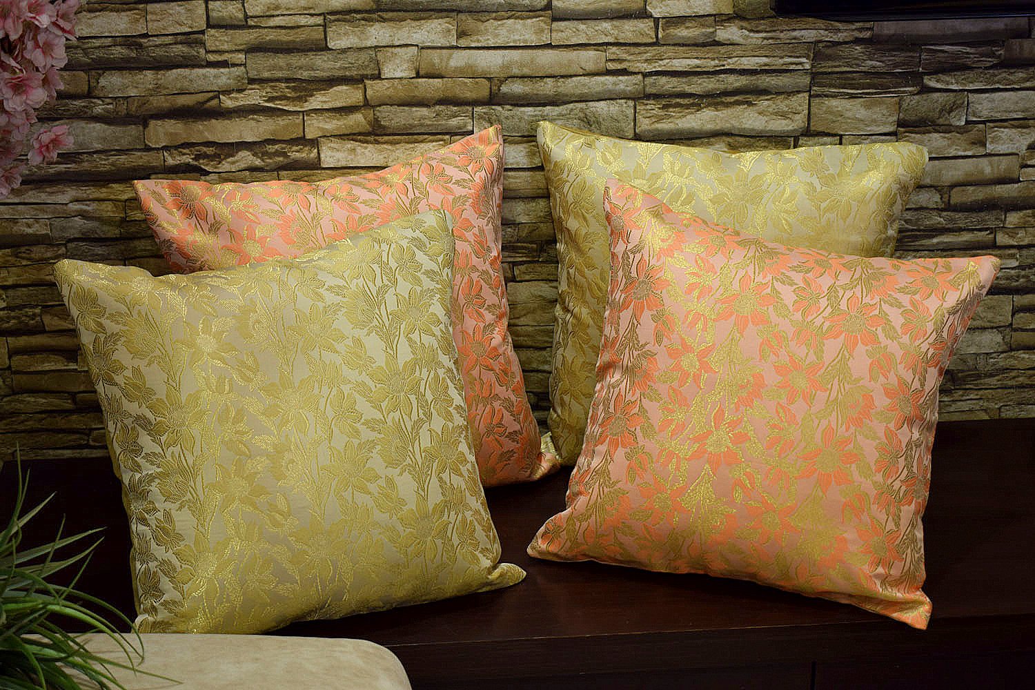 Bageecha Floral Brocade Silk Cushion Covers Combo (Beige & Peach) - Image 4