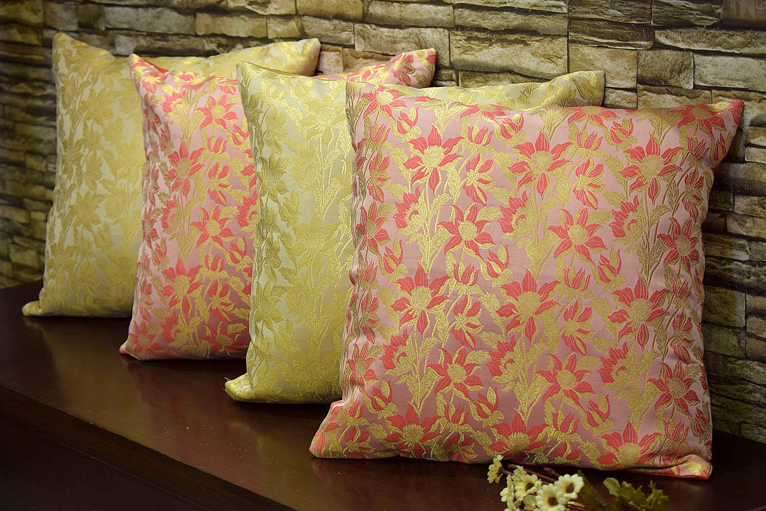 Bageecha Floral Brocade Silk Cushion Covers Combo (Beige & Coral)