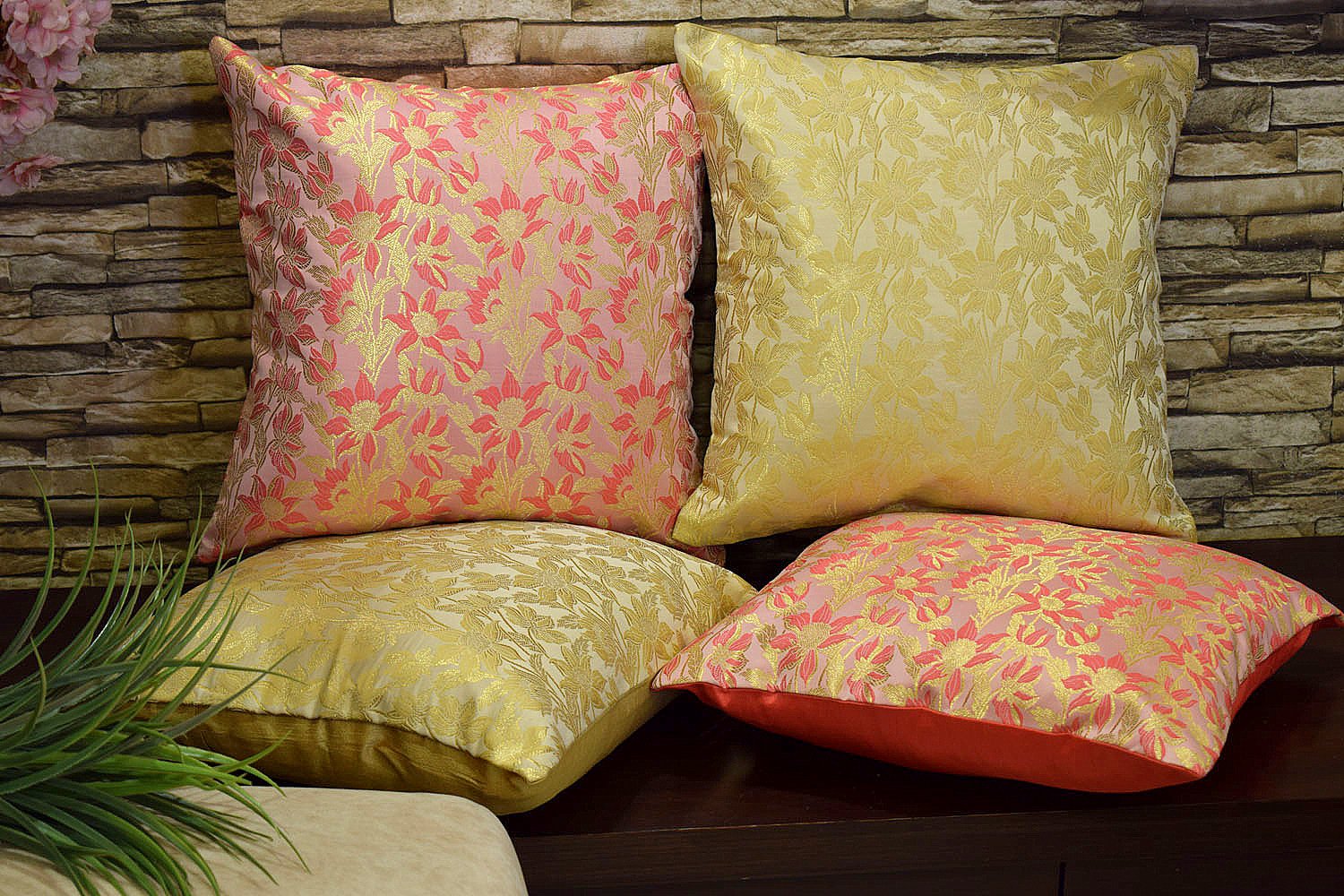 Bageecha Floral Brocade Silk Cushion Covers Combo (Beige & Coral) - Image 3
