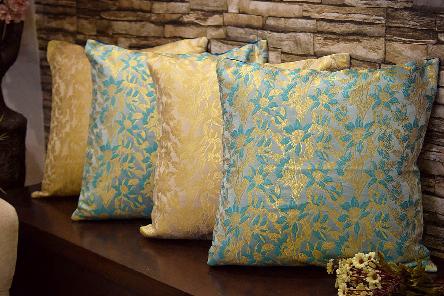 Bageecha Floral Brocade Silk Cushion Covers Combo (Beige & Sea Green)