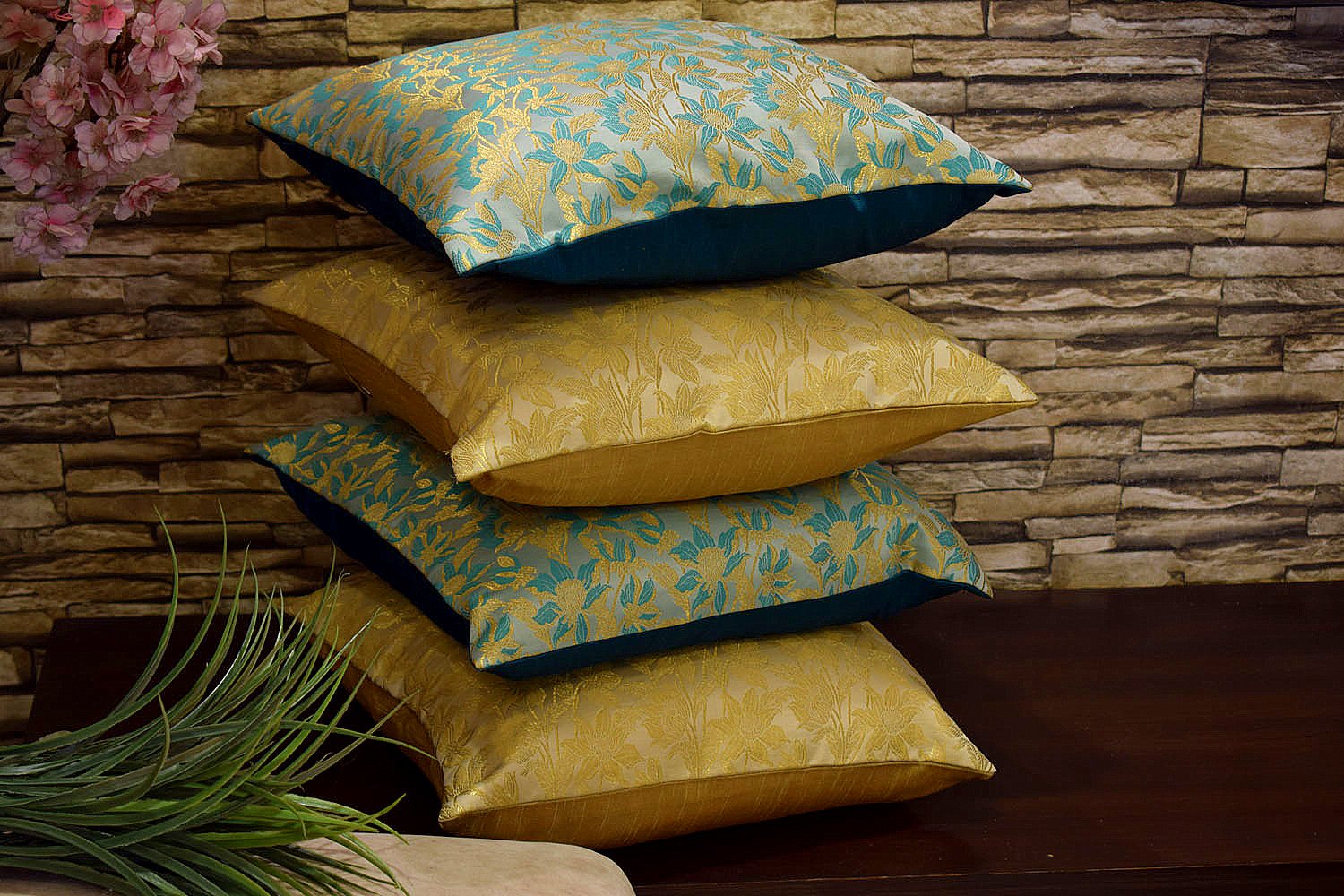 Bageecha Floral Brocade Silk Cushion Covers Combo (Beige & Sea Green) - Image 2