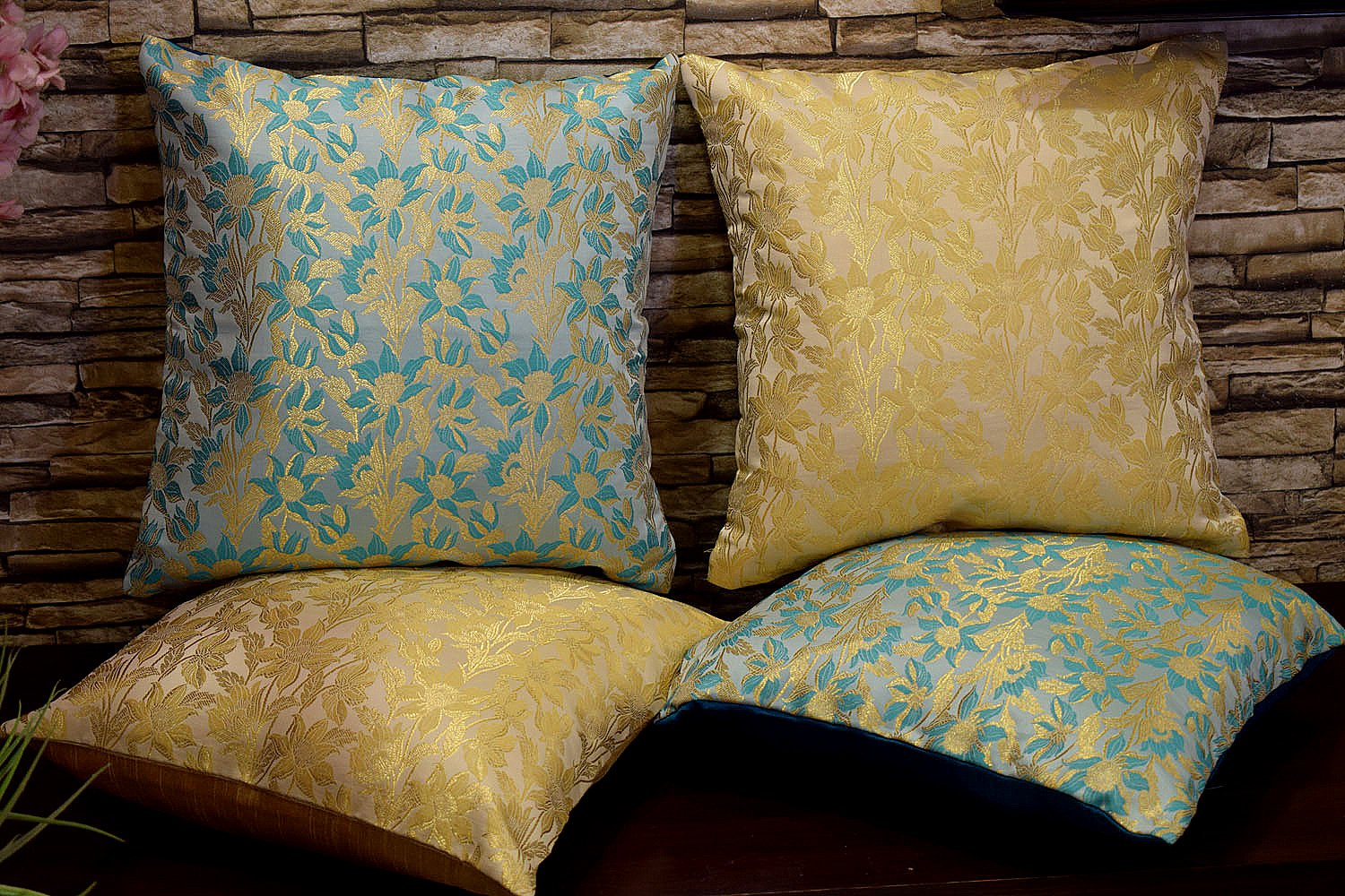 Bageecha Floral Brocade Silk Cushion Covers Combo (Beige & Sea Green) - Image 3