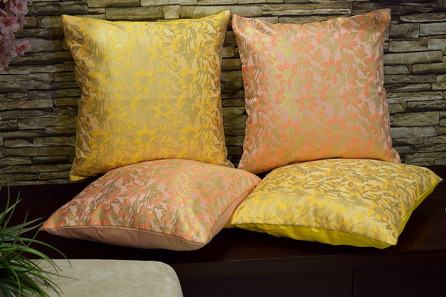 Bageecha Floral Brocade Silk Cushion Covers Combo (Peach & Yellow) - Image 3